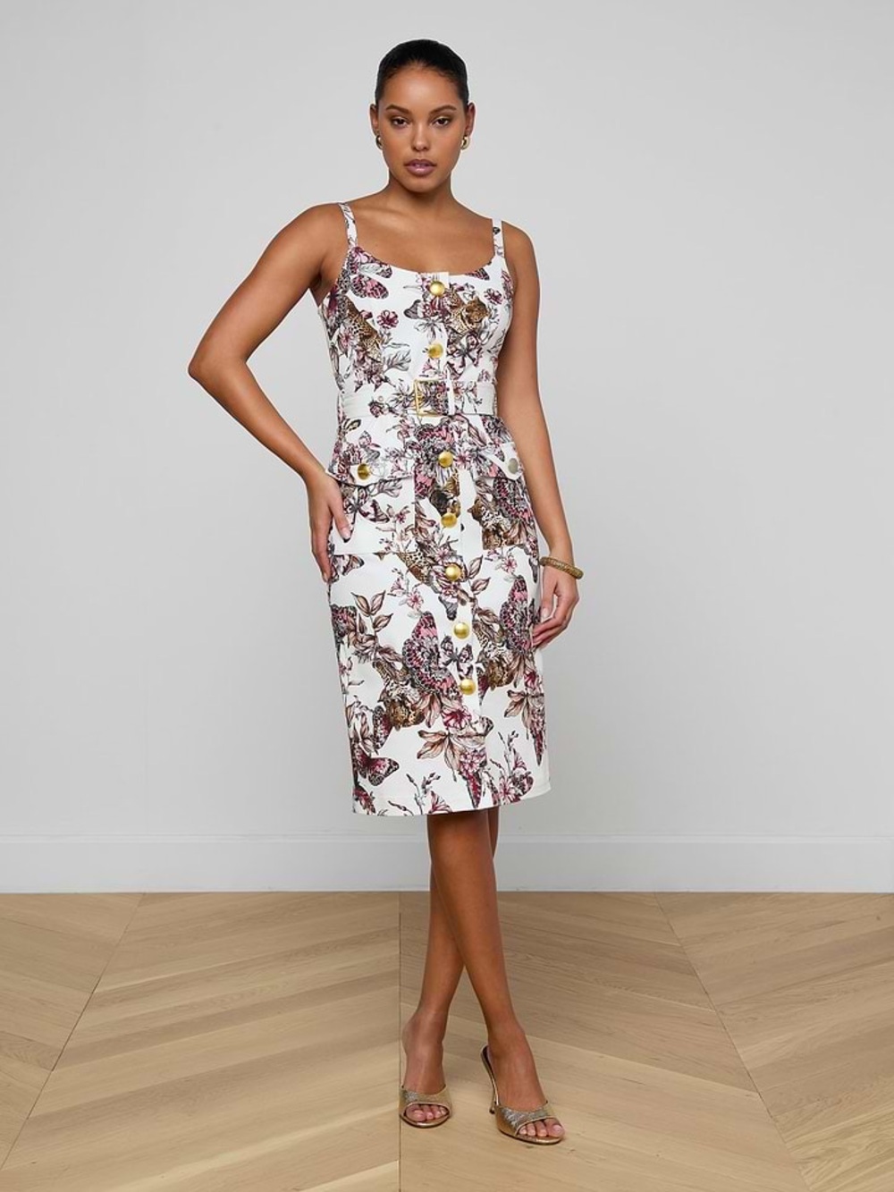 L’AGENCE Ida Dress White Butterfly Jungle Print Belted Button Front Dress Size 0